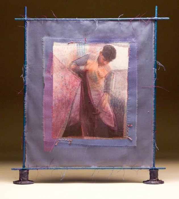 Colors of Gujarat: Fabric Dyer  
Date: 2013 
Medium: Textile Collage: photos on cloth
Materials: silk, cotton, wood, paint 
Techniques: photographic transfer and stitching  
Dimensions: H 19” W 17” 
Photo: Andrew Neuhart