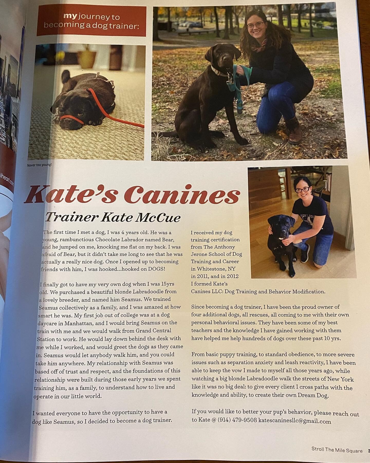 My first published article featured in this months issue of @strollthemilesquare ! I love how the article helps you to visualize the variety of dogs that I get the pleasure of working with: a small puppy getting training in a @k9lifeline Sidekick Lea