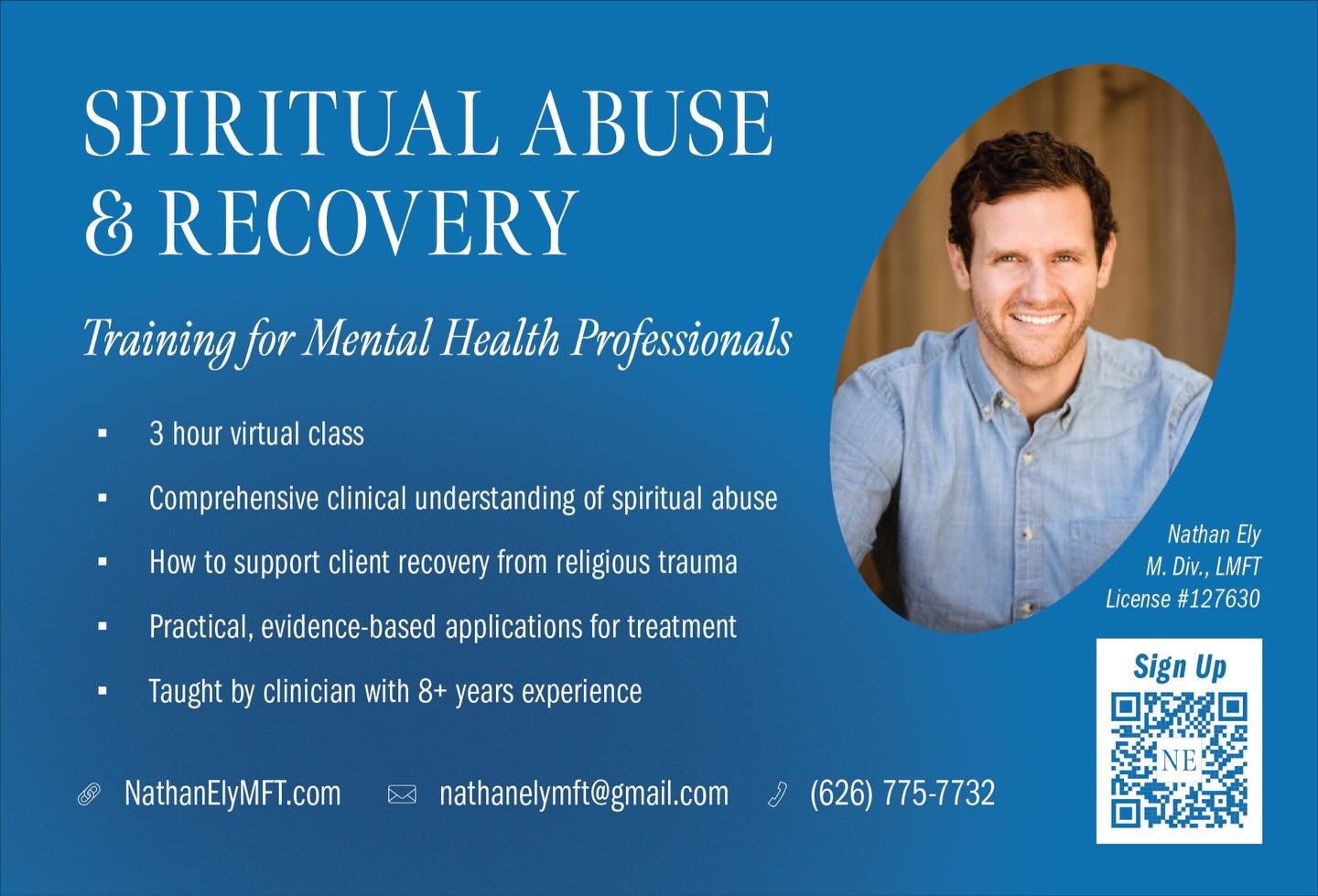 Join me for an engaging training on spiritual abuse and recovery! This is something I truly am passionate about and specialize in. If you are a mental health professional and are interested in understanding how to help your clients recover from the w