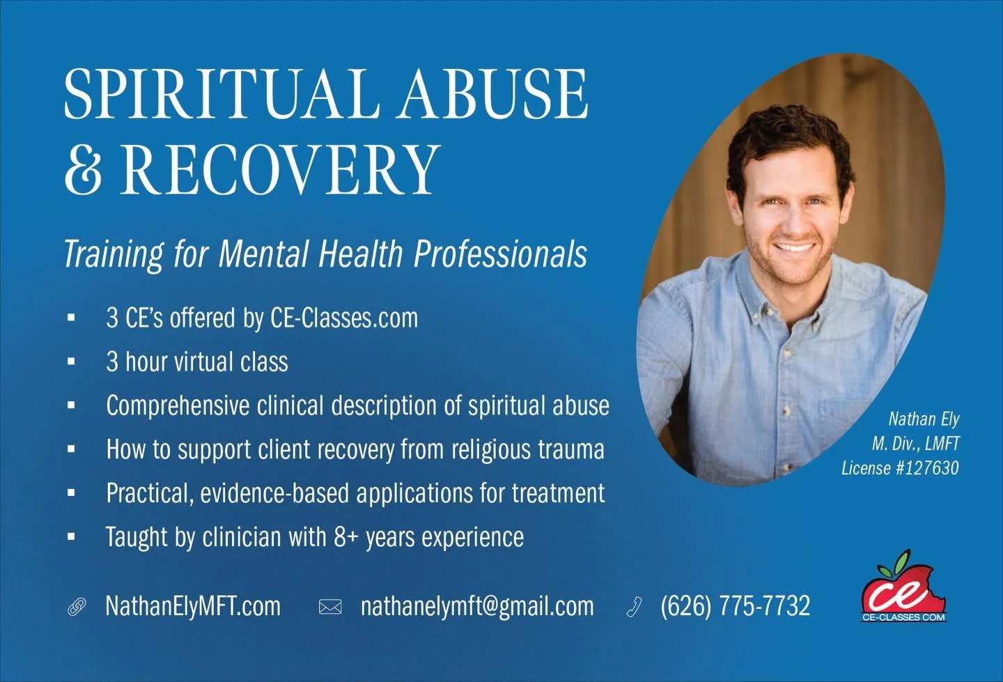 Join me for an engaging training on spiritual abuse and recovery! This is something I truly am passionate about and specialize in. If you are a mental health professional and are interested in understanding how to help your clients recover from the w
