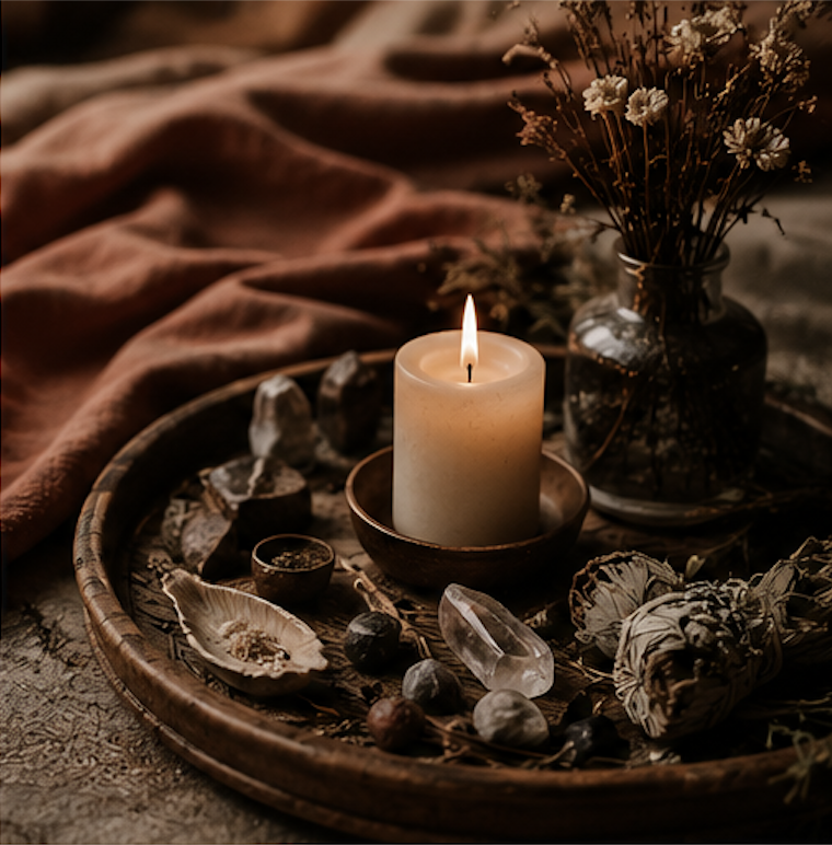 A lit candle in a small dish on a wooden tray surrounded by rocks, crystals, and a dried flower. In the background, a vase with dried flowers, and soft fabric.