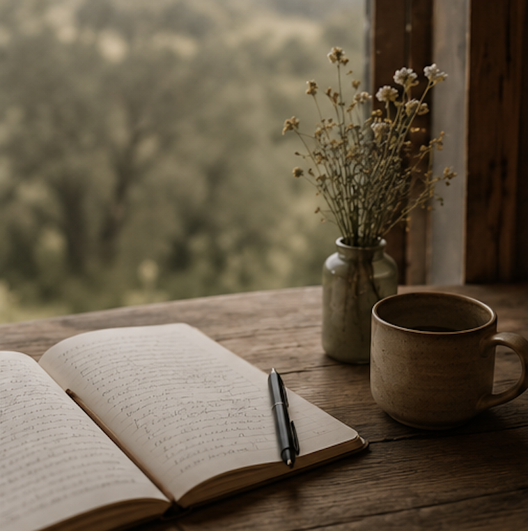 Open journal with handwritten notes, black pen, ceramic mug, and small vase with white flowers on wooden table near window with blurred outdoor scenery.