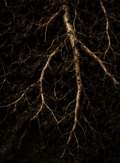 Close-up of tree roots underground with dark soil.