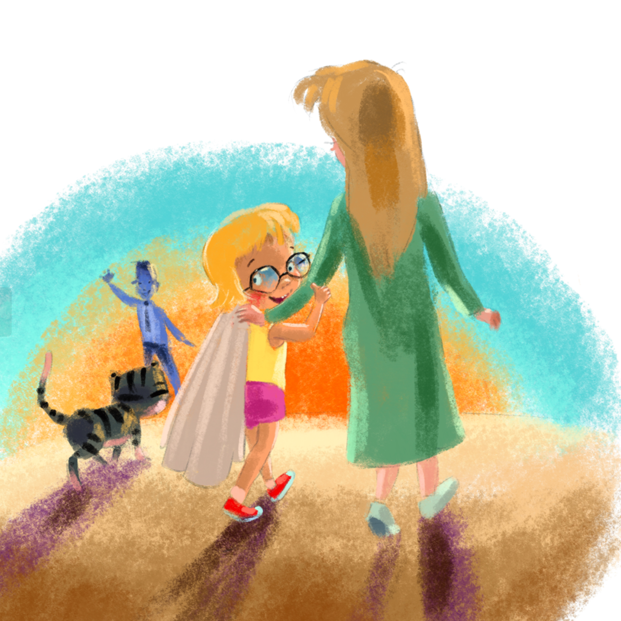 A girl with glasses and a blanky hugging an adult woman while a cat and a dad stick figure are in the background on a colorful floor.