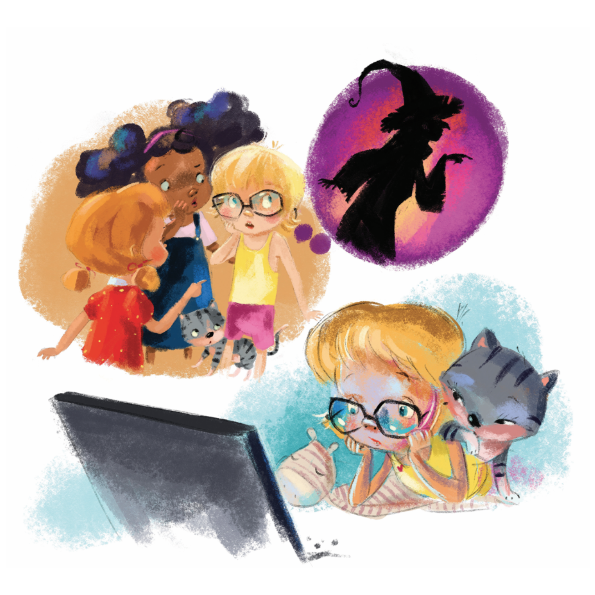 Kids imagining a spooky witch silhouette on a purple moon while watching a computer.