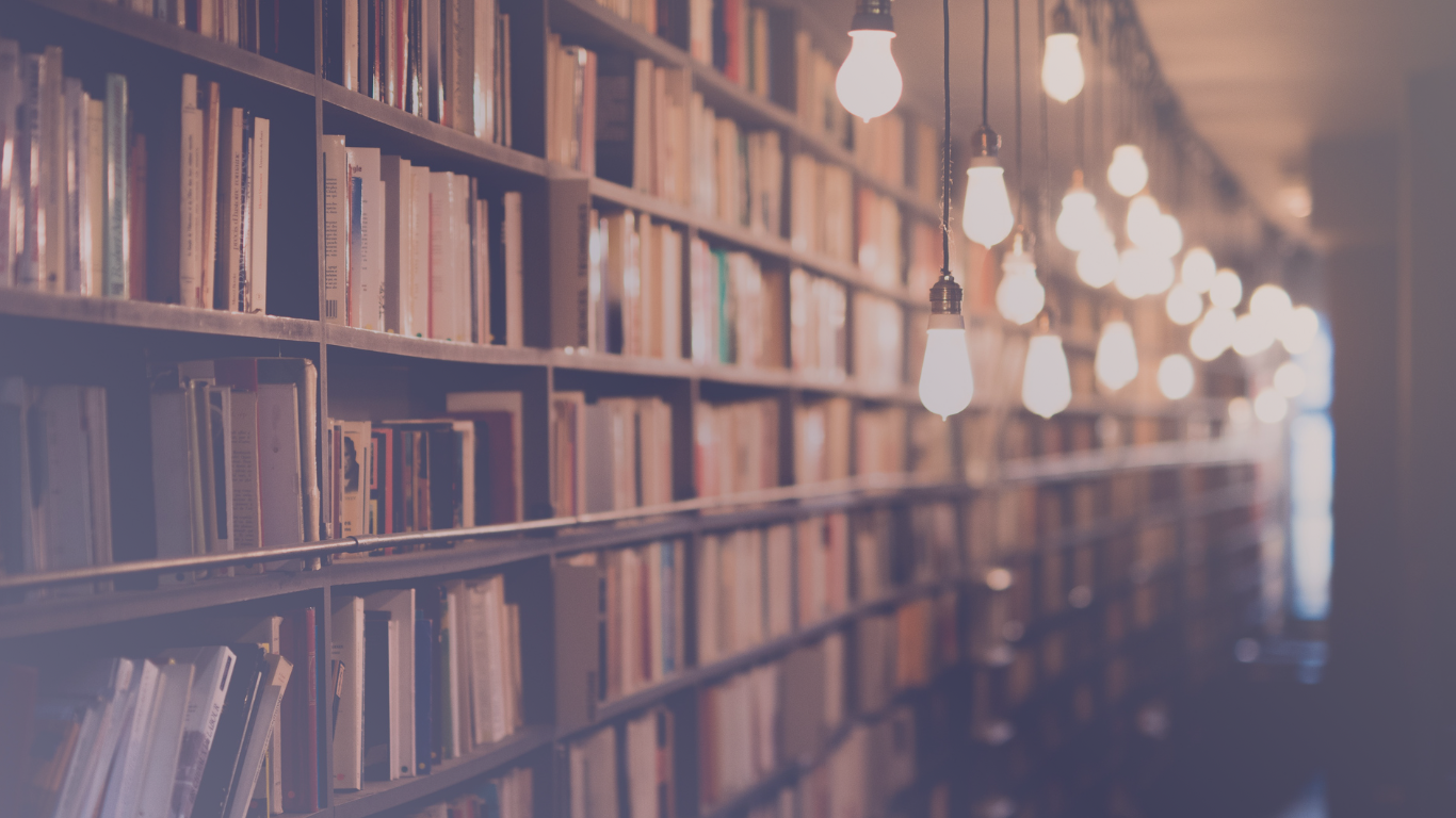 Bookshelves filled with books along a wall illuminated by hanging incandescent light bulbs.