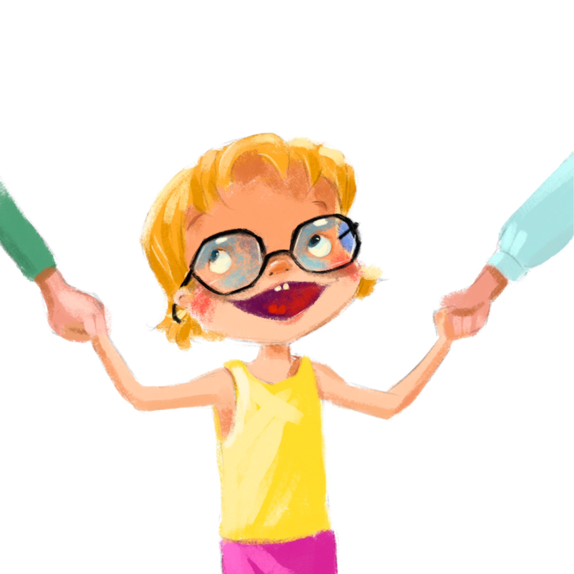 A joyful young girl with short blonde hair, wearing glasses, a yellow top, and pink pants, holding hands with two adults whose hands are visible on either side of her, against a white background.
