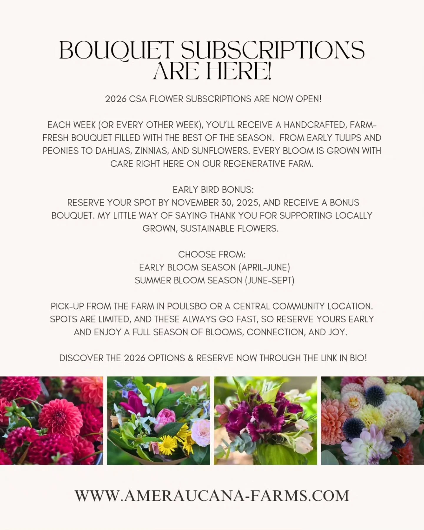 2026 CSA Flower Subscriptions are now open! 

Each week (or every other week), you&rsquo;ll receive a handcrafted, farm-fresh bouquet filled with the best of the season.  From early tulips and peonies to dahlias, zinnias, and sunflowers. Every bloom 