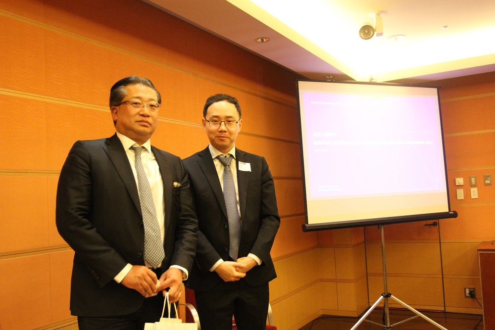  From left: Hiroyuki Otsuka, founder and chief executive officer of Newton Investment Partners Inc., and Paul Lee, chair of the Alternative and Foreign Direct Investment Committee, following a fireside chat at Tokyo American Club on February 22. 