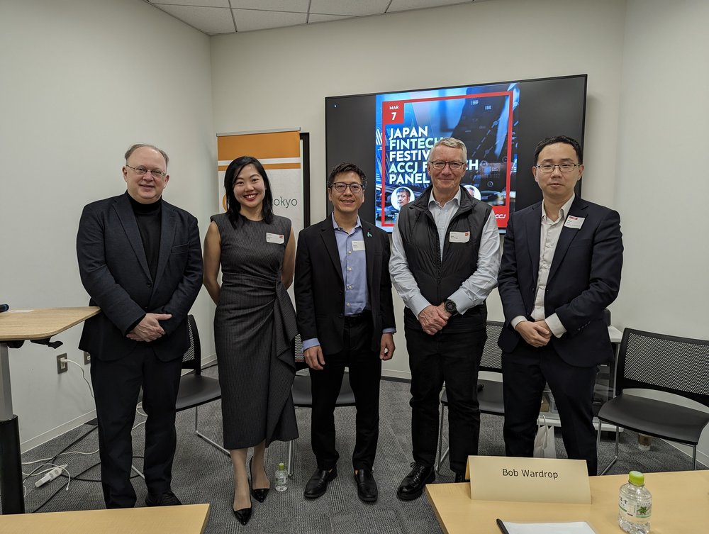  Panelists from the Japan FinTech Festival x ACCJ FinTech Panel event smile after a successful event in the American Room at CIC Tokyo. 