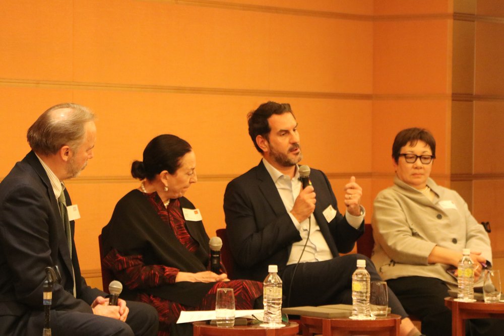  From left: Tom Pederson , Sarah Bader, Patrick Jordan, and Mika Matsuo presented findings from a survey conducted by the ACCJ Human Resource Committee and en world Japan on March 6 at  Tokyo American Club. 