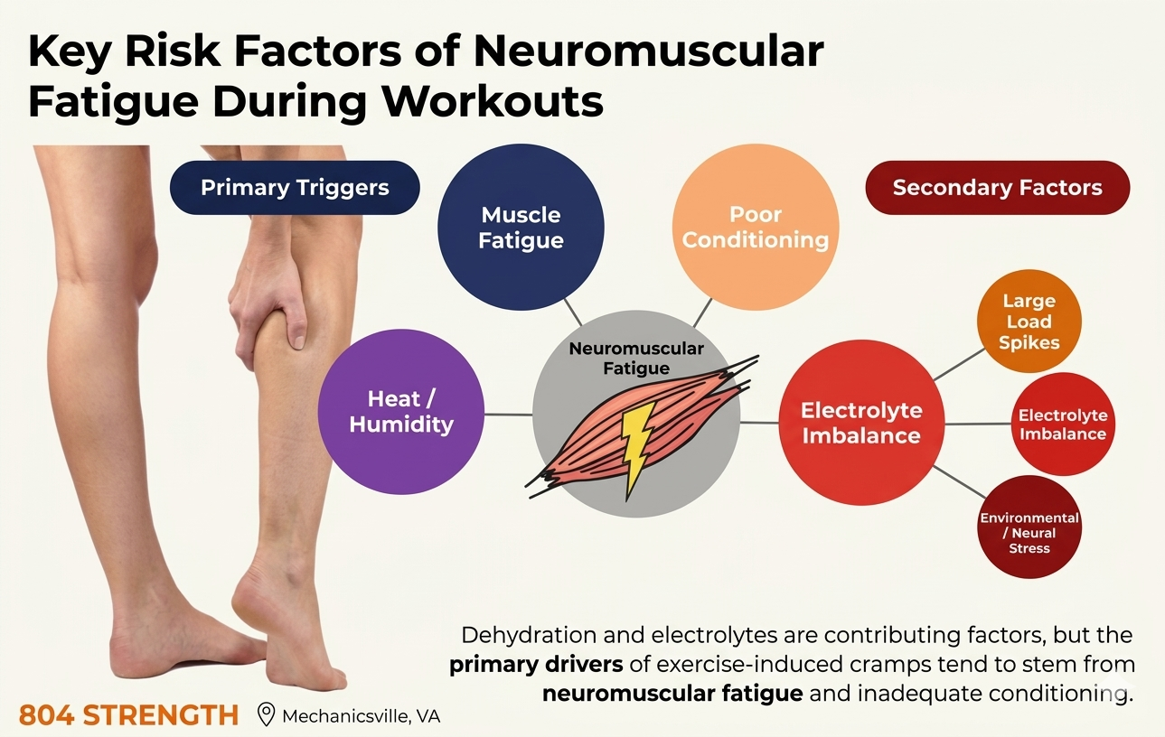 key risk factors of neuromuscular fatigue during workouts, including muscle fatigue, heat, poor conditioning, and large load spikes — 804 Strength Mechanicsville VA