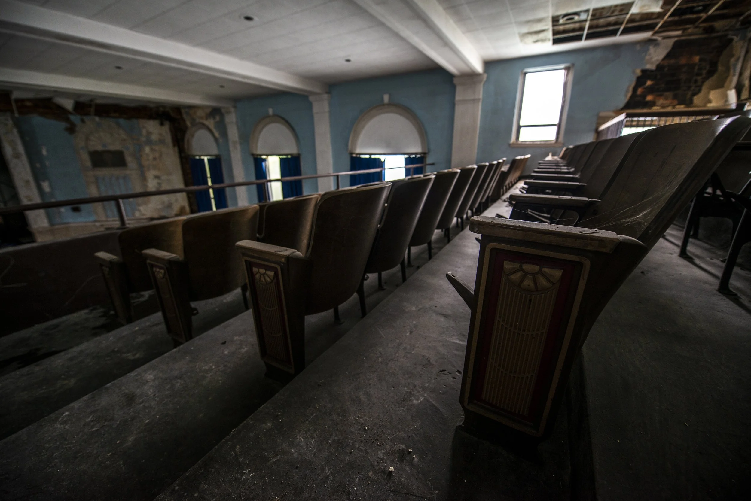 The seats of the auditorium of Princeton Junior High School, built in 1913, the auditorium was added in the 1920's