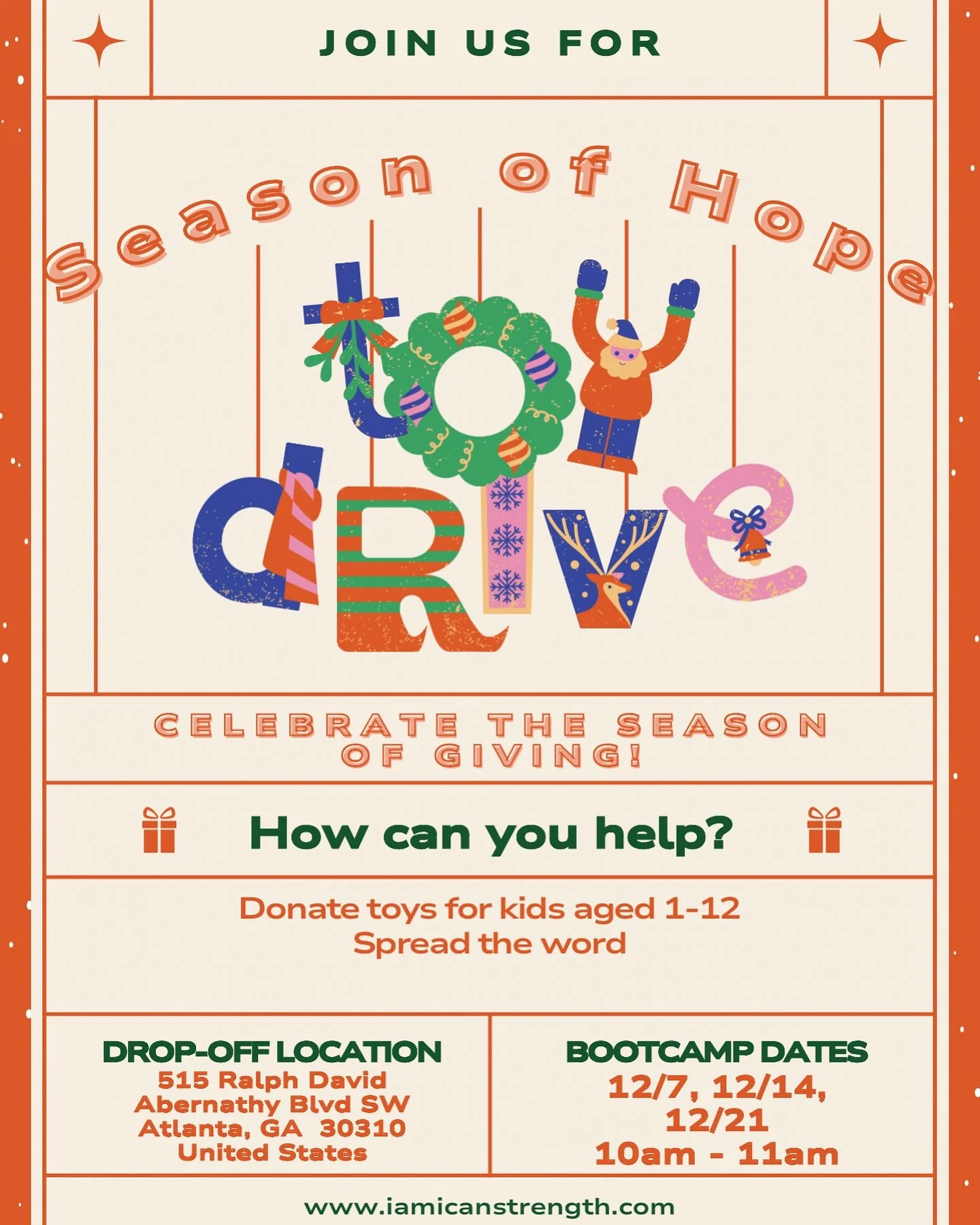 This holiday season, let&rsquo;s come together to spread hope and make a difference! 🌟💪

Join our Season of Hope Bootcamp, a powerful workout with an even greater purpose. Bring a toy for our drive, and let&rsquo;s transform our strength into smile