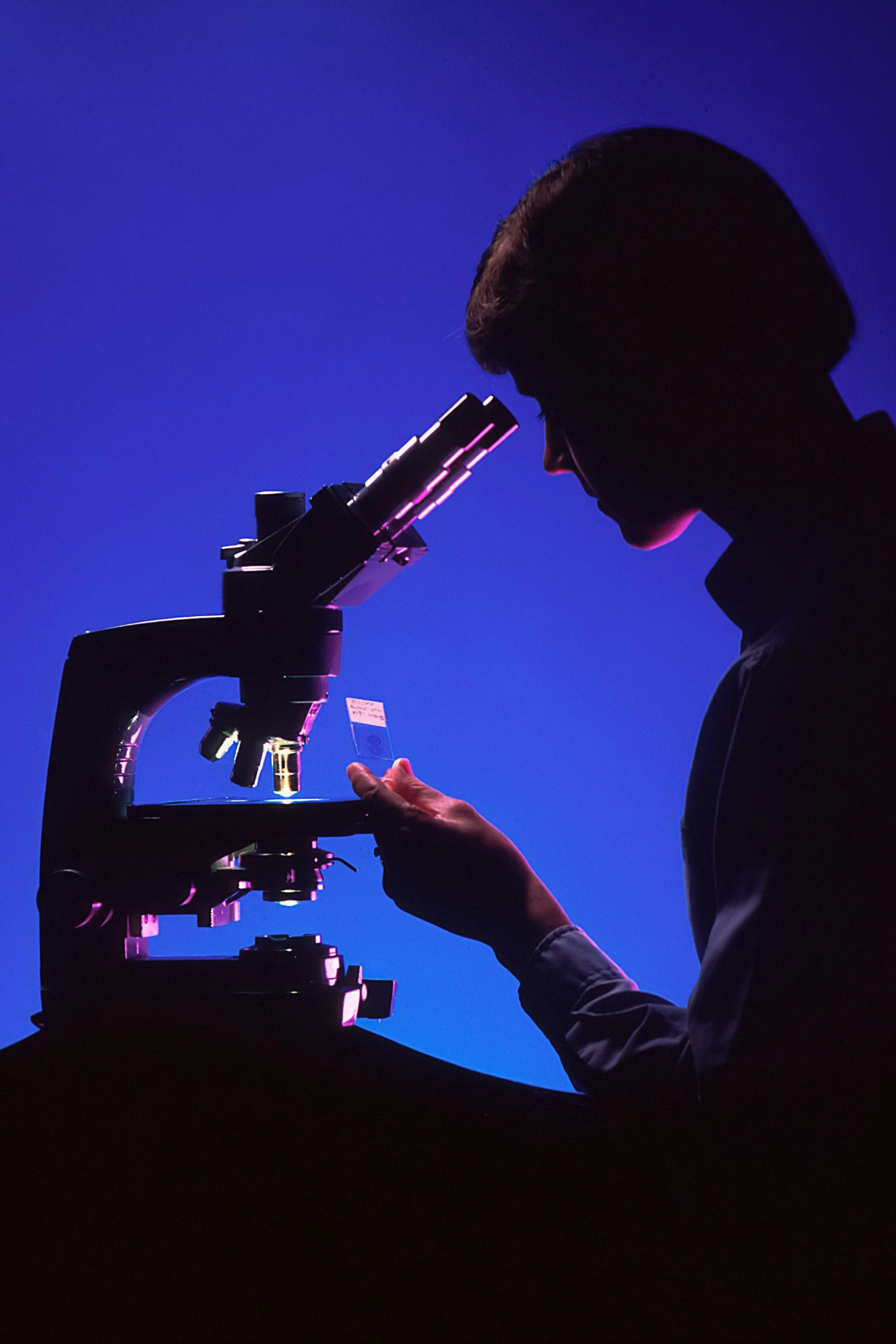 Image of a female pathologist looking at a histological slide against a blue background backlit by magenta light.