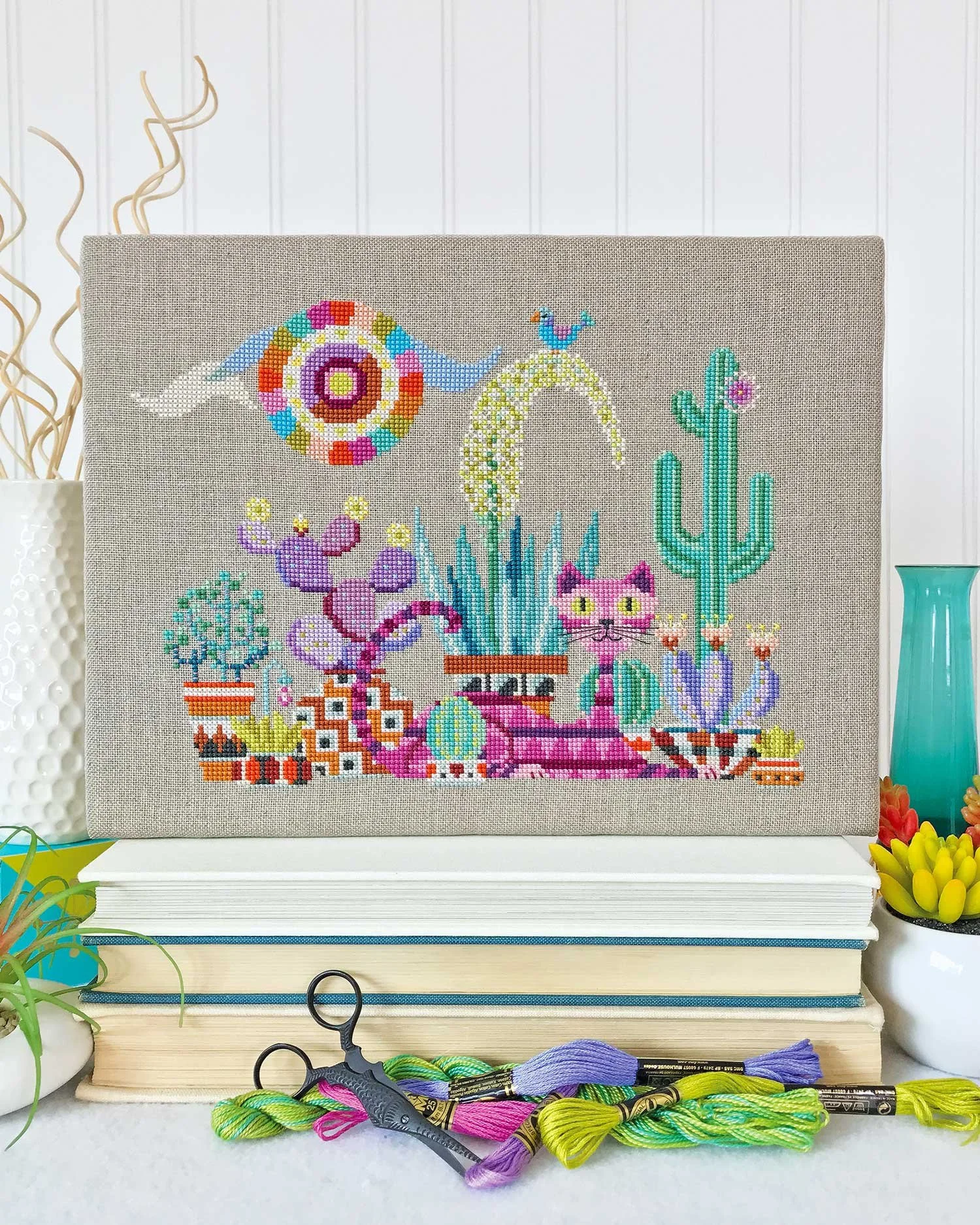 Cactus Cat - printed modern cross stitch chart — Satsuma Street cactus-cat-printed-modern-cross-stitch-chart-satsuma-street