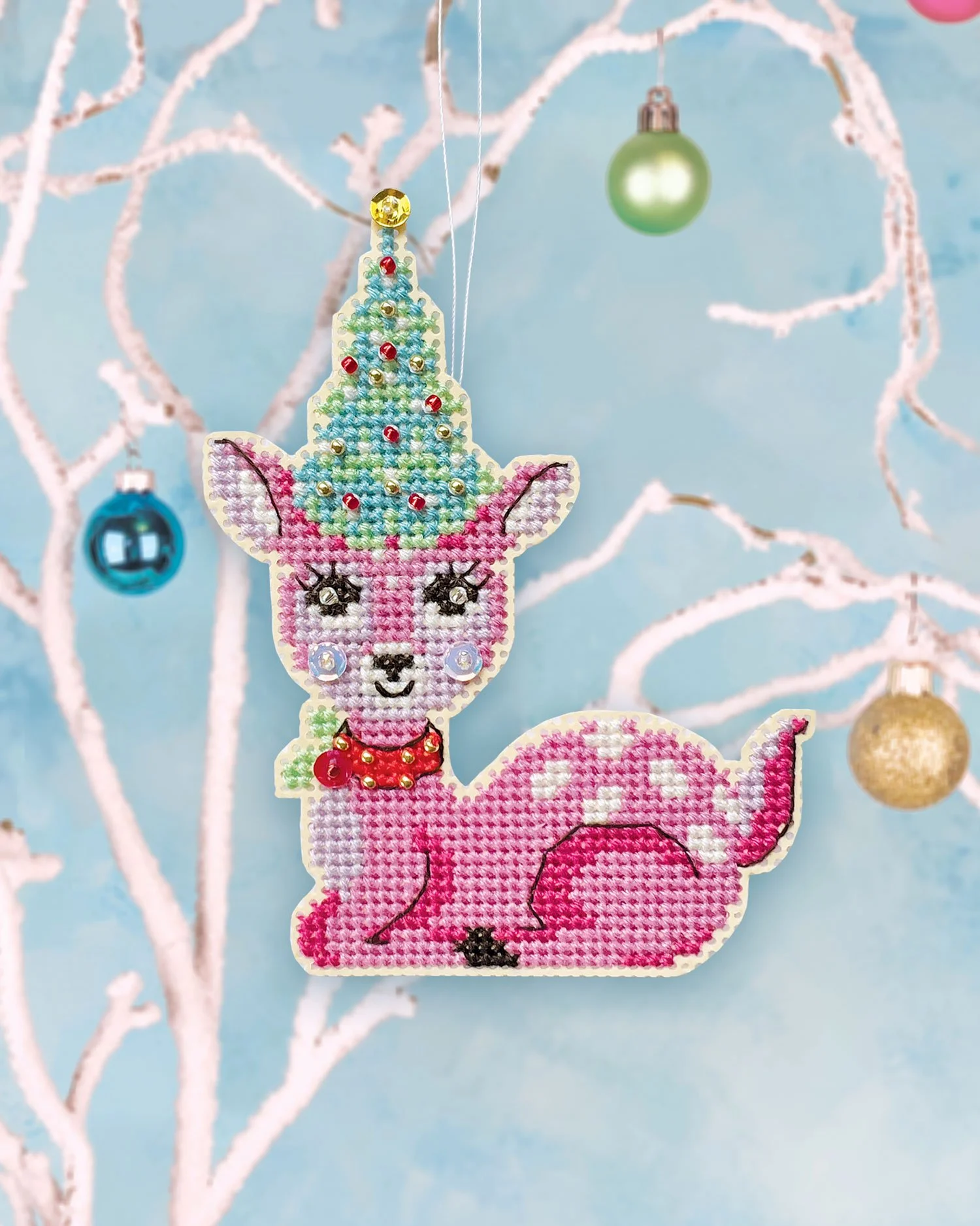 Christmas Fawn - sweet retro fawn cross stitch ornament kit 