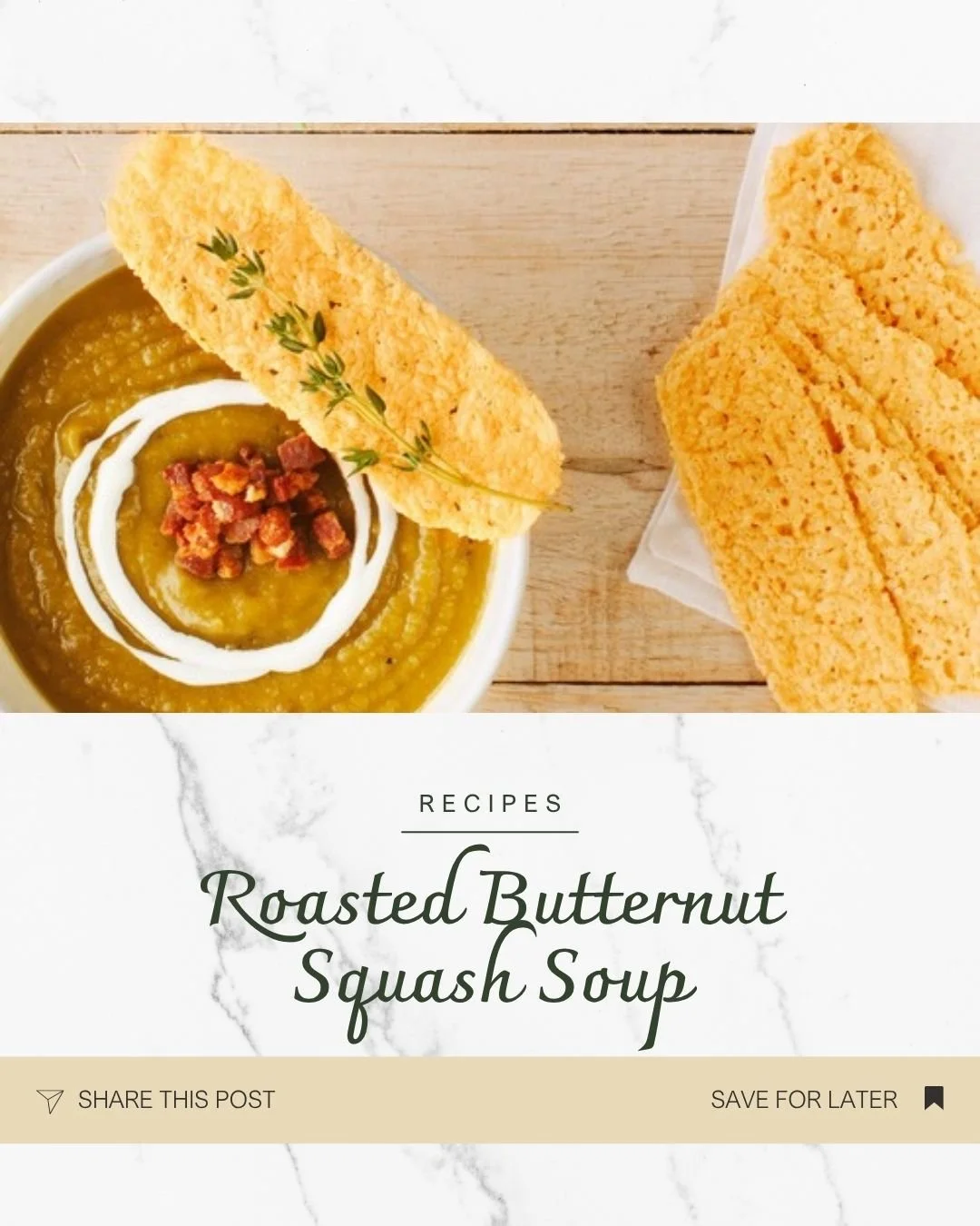 ✨ Cozy, creamy, and full of fall flavor — our Roasted Butternut Squash Soup is comfort in a bowl. Topped with Joyfull Bakery Parmesan Crisps for that golden, cheesy crunch, it’s the perfect pairing for crisp autumn days. 🍂🥣
👉 Save thi