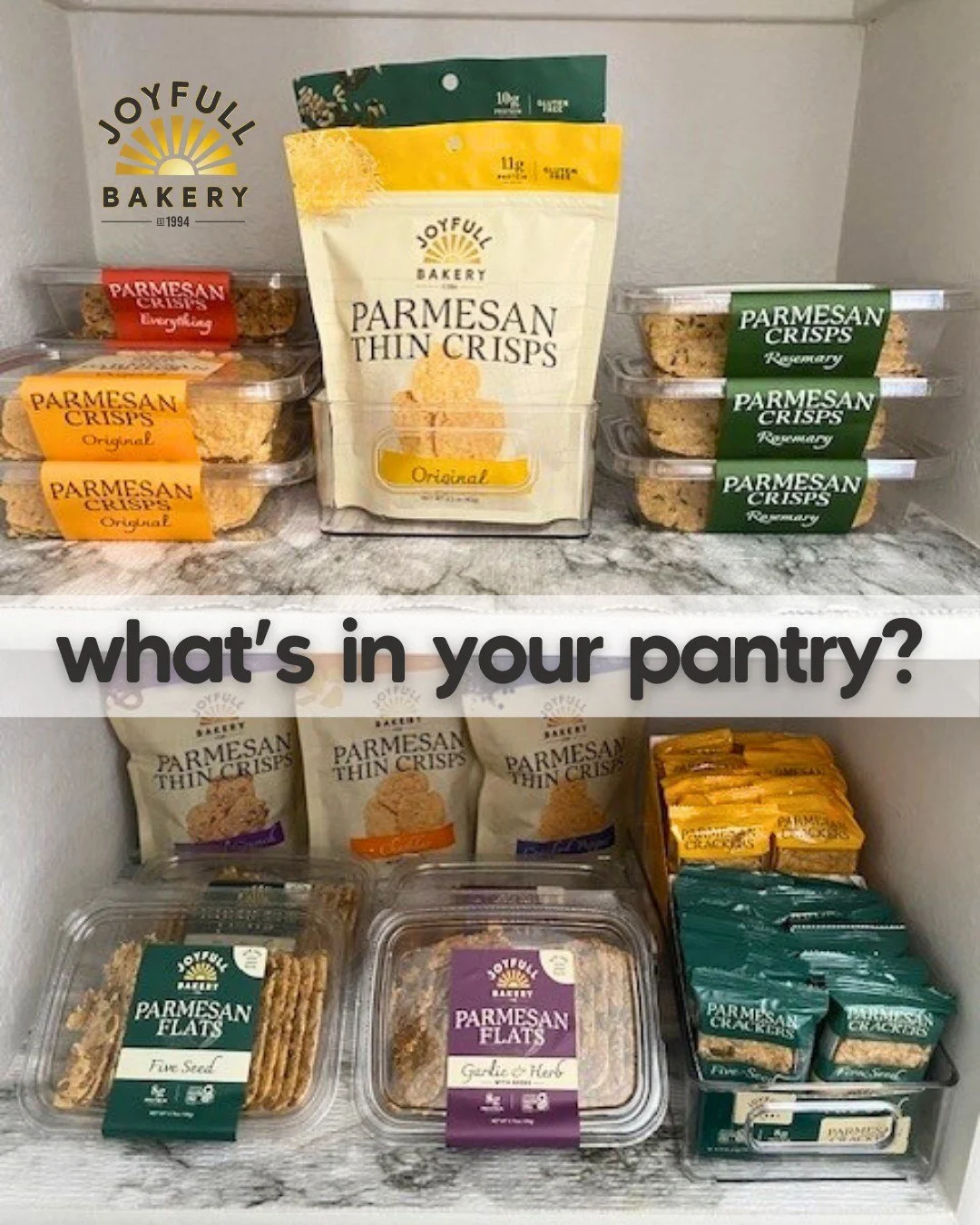 A pantry packed with possibility ✨
Crispy, thin, flat, herby, savory&mdash;aka all the Parm perfection we love.

If your pantry looked like this, what would you reach for first? 👀🧀
(There&rsquo;s no wrong answer&hellip; just more Joyfull.)

#joyful