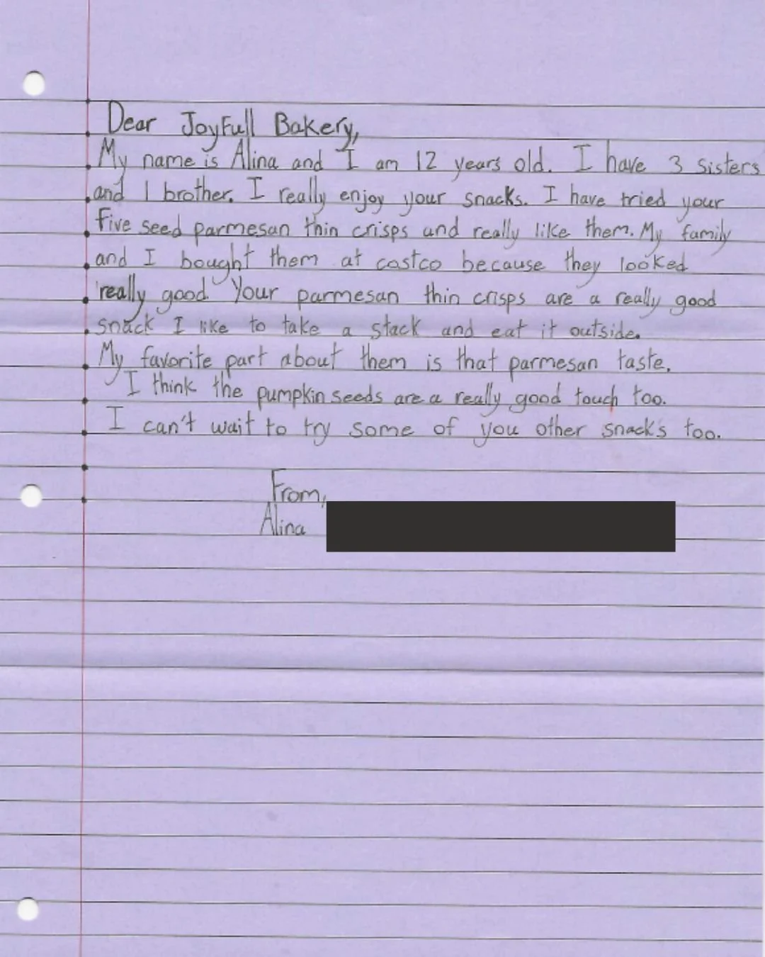 Sometimes the most meaningful reviews don&rsquo;t come in emails or DMs&hellip; they come in handwritten letters and hand drawn pictures!

Alina, 12 years old, made our entire team smile with this note about our Five Seed Parmesan Thin Crisps (especi