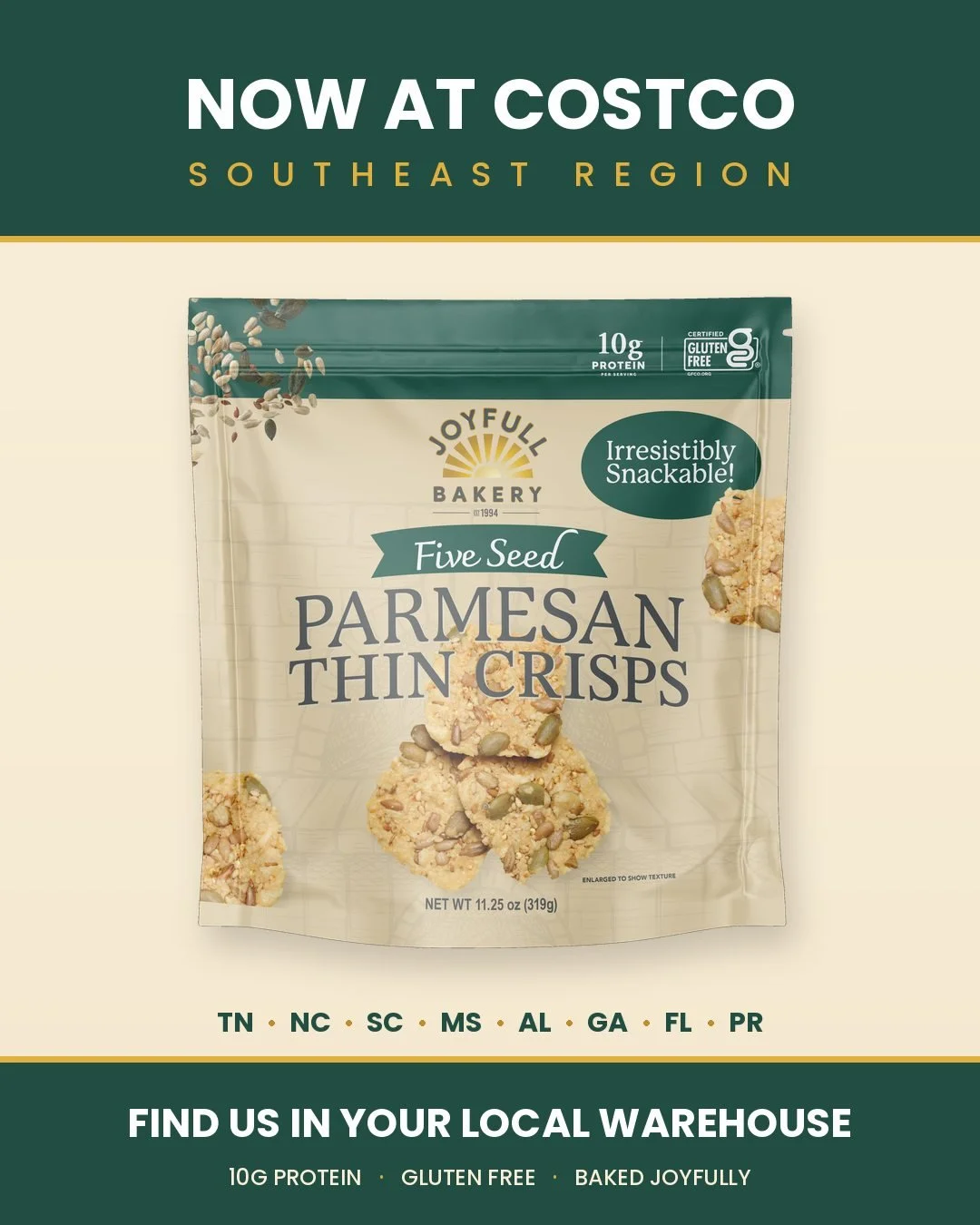 Southeast, this is your sign. 🌿🧀

Tennessee, North Carolina, South Carolina, Mississippi, Alabama, Georgia, Florida &amp; Puerto Rico &mdash; we're coming to your Costco! 👀

Our Five Seed Parmesan Thin Crisps have officially landed in Southeast Co