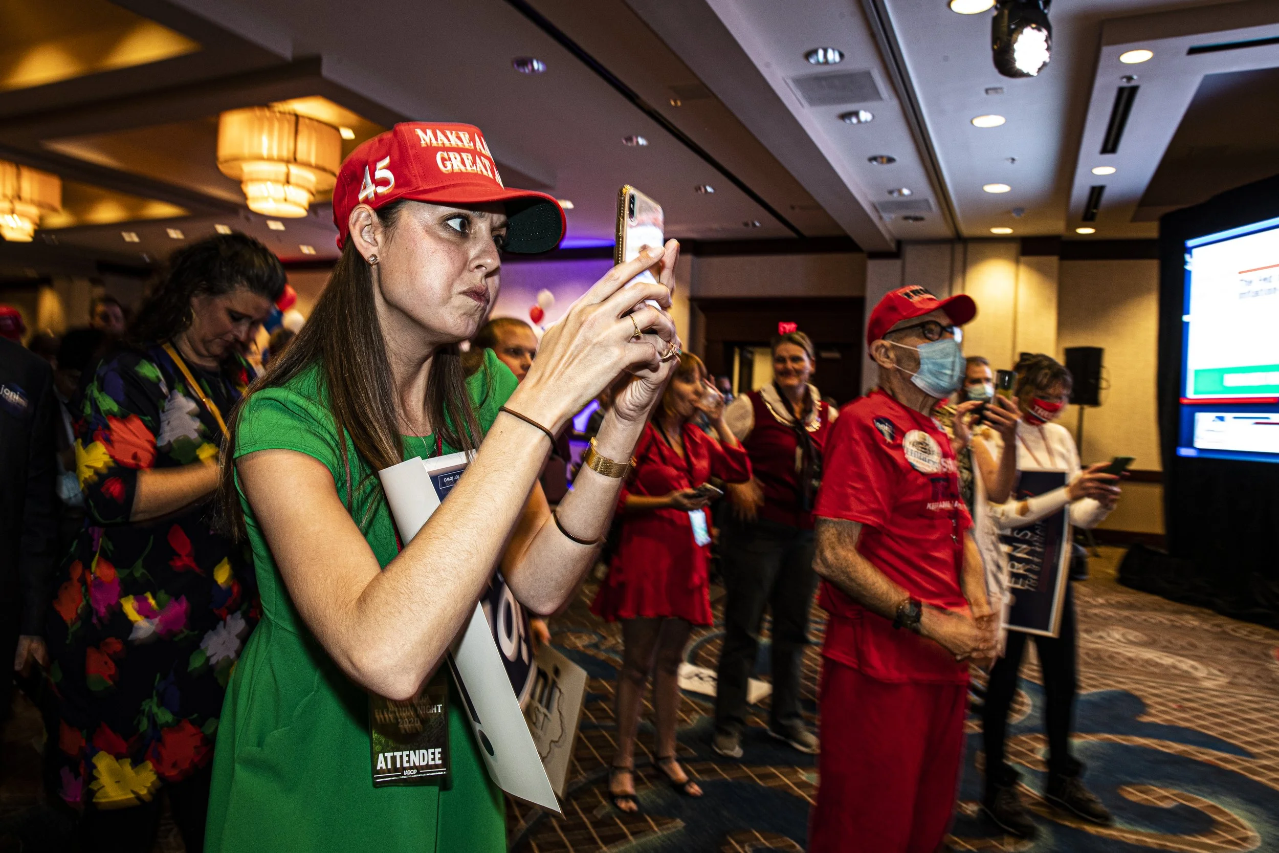  Local Republicans cheer on as Joni Ernst delivers her victory speech at the Moines Marriott Downtown on Tuesday, November 3rd, 2020 . Republicans from across the state have gathered to watch the results of the 2020 General Election. (Tate Hildyard/T