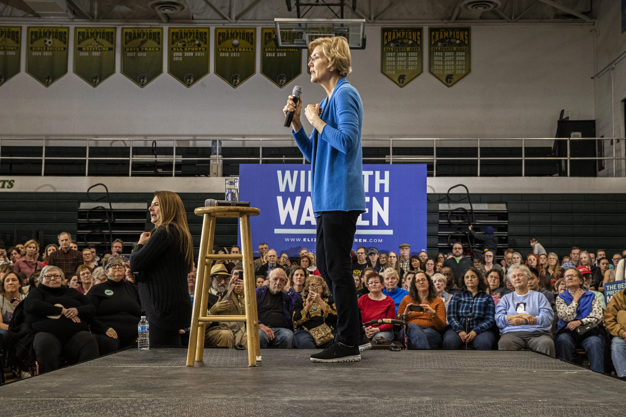  Sen. Elizabeth Warren speaks at a campaign event at West High School in Iowa City on Saturday, February 1, 2020. With the Iowa Caucuses happening in two days, Warren stopped to give a last minute pitch to Iowa voters. (Tate Hildyard/The Daily Iowan)