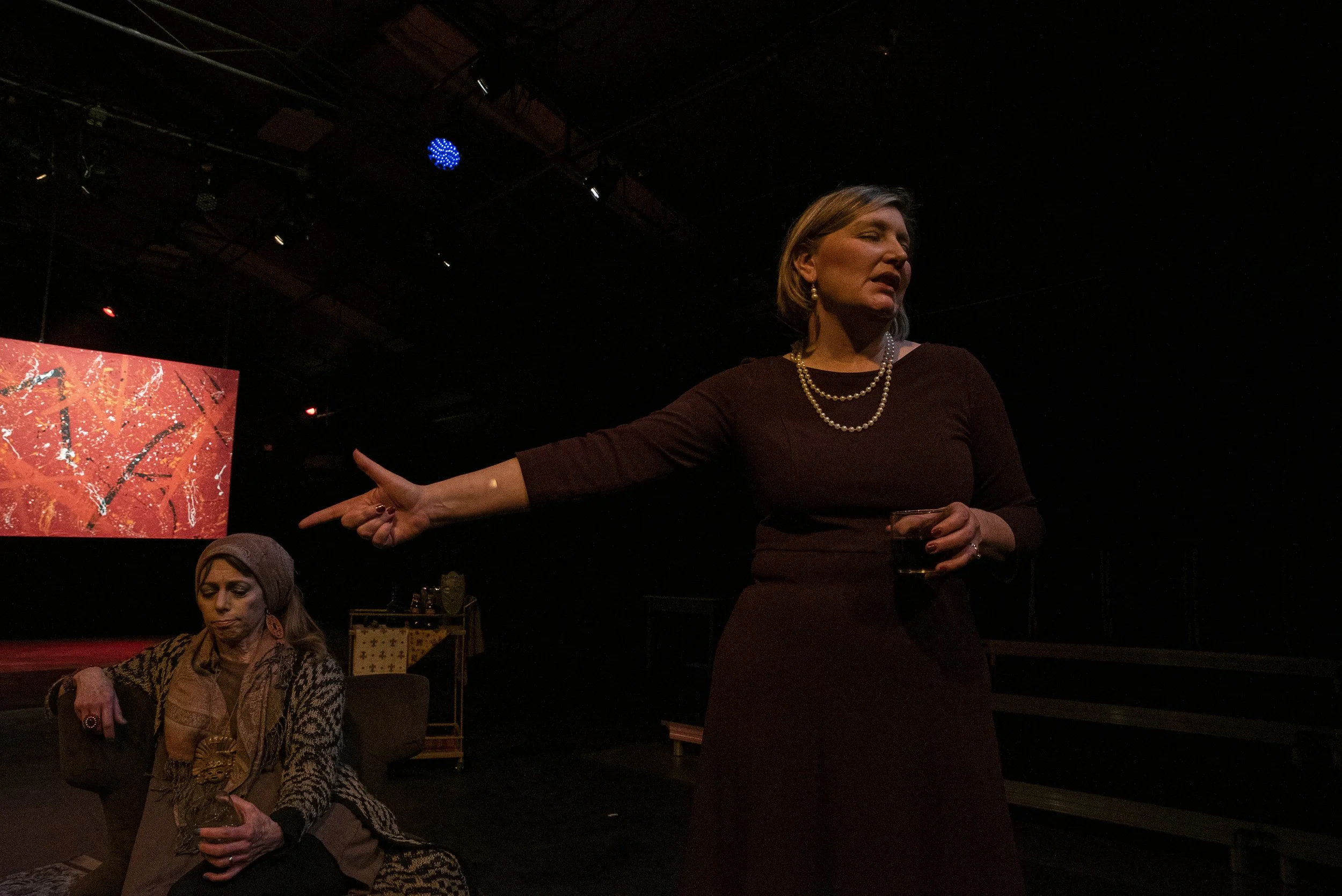  Actors Valerie Davine and Nicole DeSalle perform in God of Carnage at the Iowa City Community Theater on Thursday, January 23rd, 2020. God of Carnage follows a smug pair of couples discussing a fight with their children, but the night gradually desc