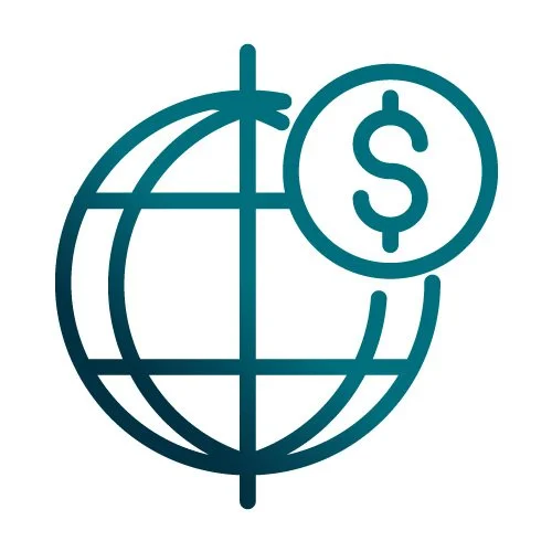 A globe with a dollar sign icon in front of it, representing global finance or currency exchange.