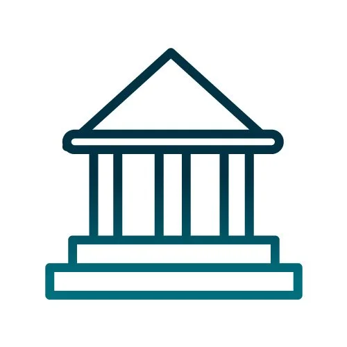 Line drawing of a classical building with columns and a triangular pediment.
