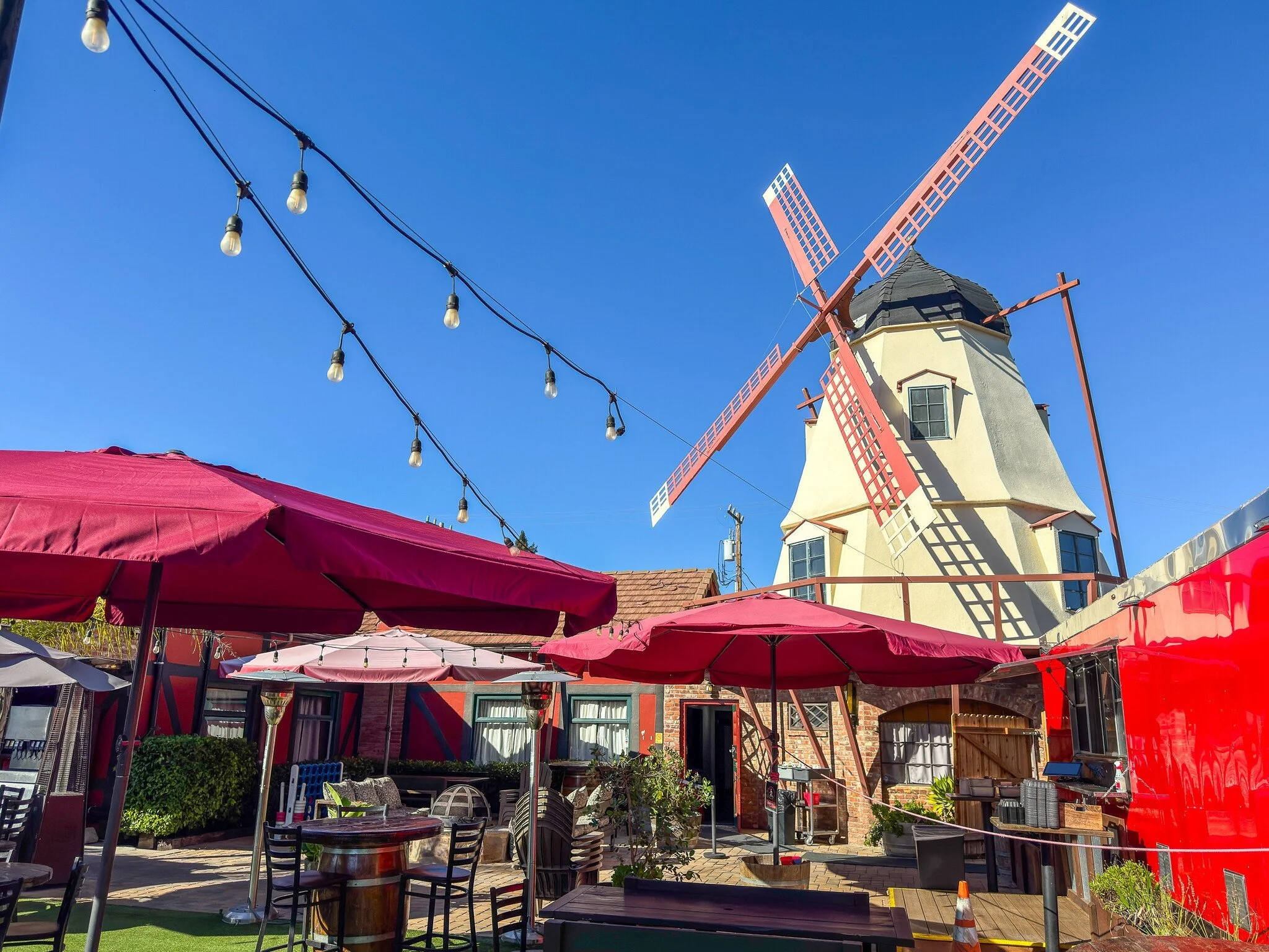 Solvang Brewing Company beer garden with a windmill