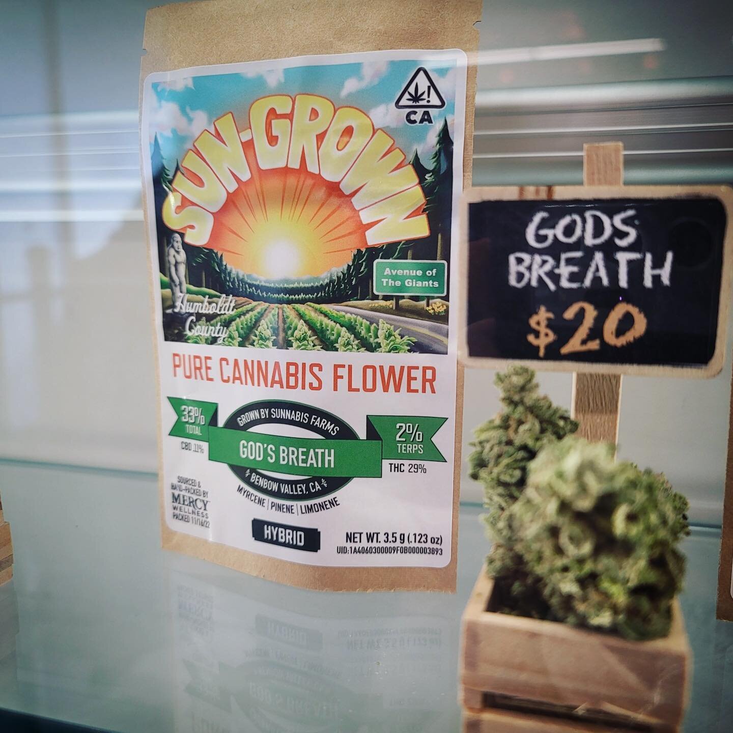 What what what???? Fresh drop! @mercywellness2 just stocked their shelves today with sungrown!!!!! We&rsquo;re super stoked to see the God&rsquo;s Breath from @conceptionnurseries in its beautiful package now available to anyone over 21 when they go 