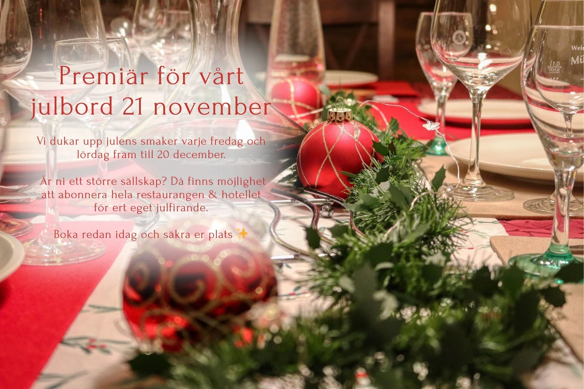 ✨ Premi&auml;r f&ouml;r v&aring;rt julbord den 21 november! ✨

V&auml;lkommen att uppleva julens smaker hos oss, precis intill havet. H&auml;r m&ouml;ts tradition, gemenskap och st&auml;mning i en milj&ouml; som g&ouml;r julbordet till n&aring;got al