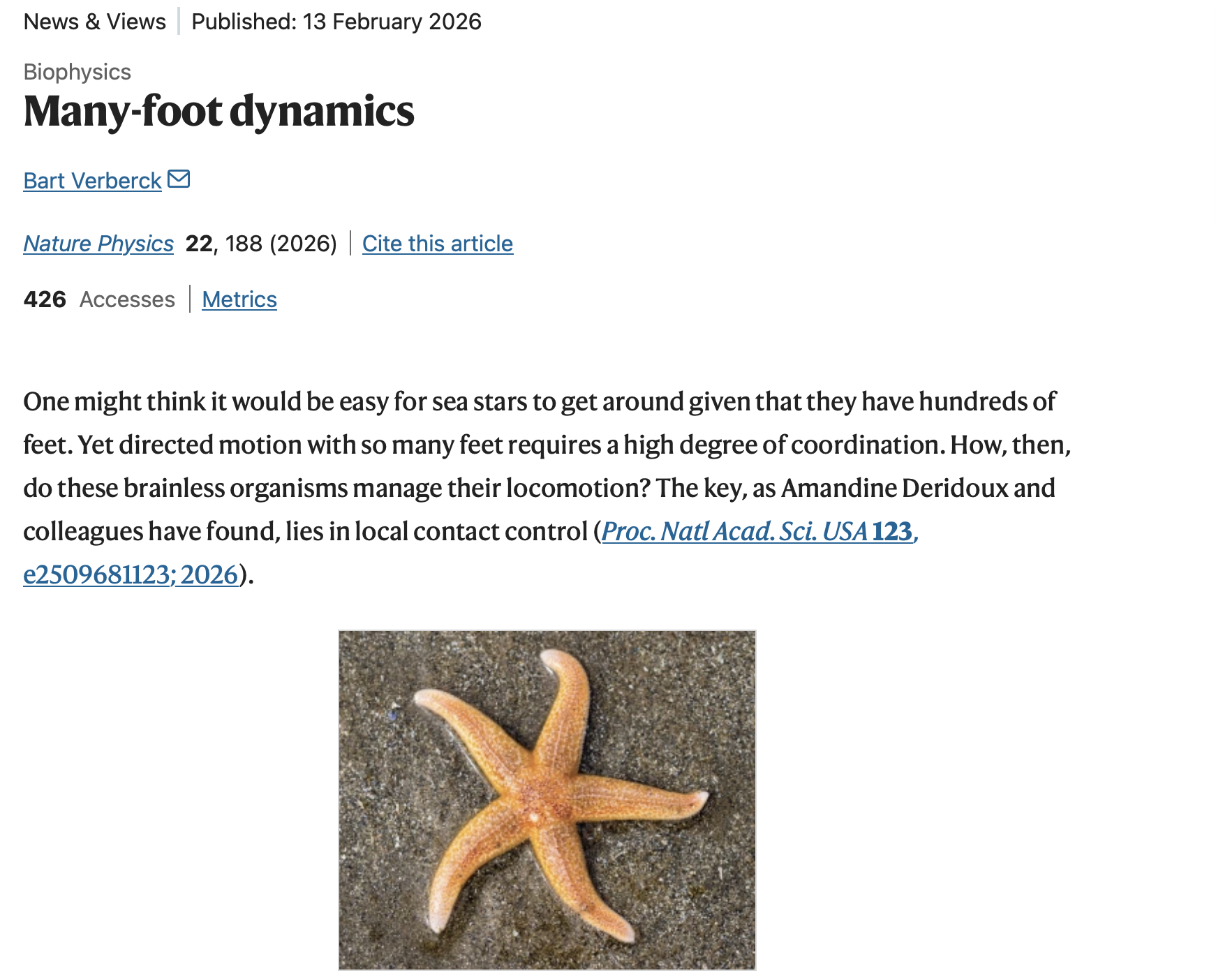 Sea star locomotion tube foot biophysics Gabriele SYMBIOSE Lab