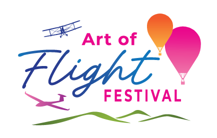 Stylized, colorful logo with Hot air balloons and aeroplanes flying over hills