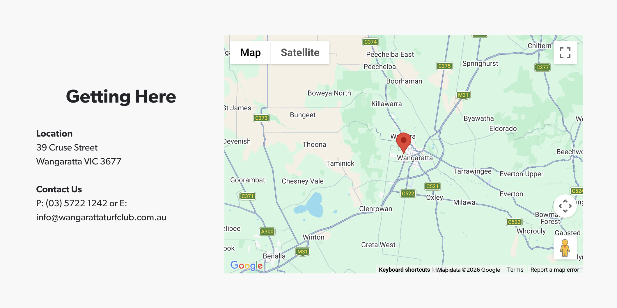Map showing Wangaratta, Turf club, Victoria, Australia, with location details and contact information for the Night Glow event