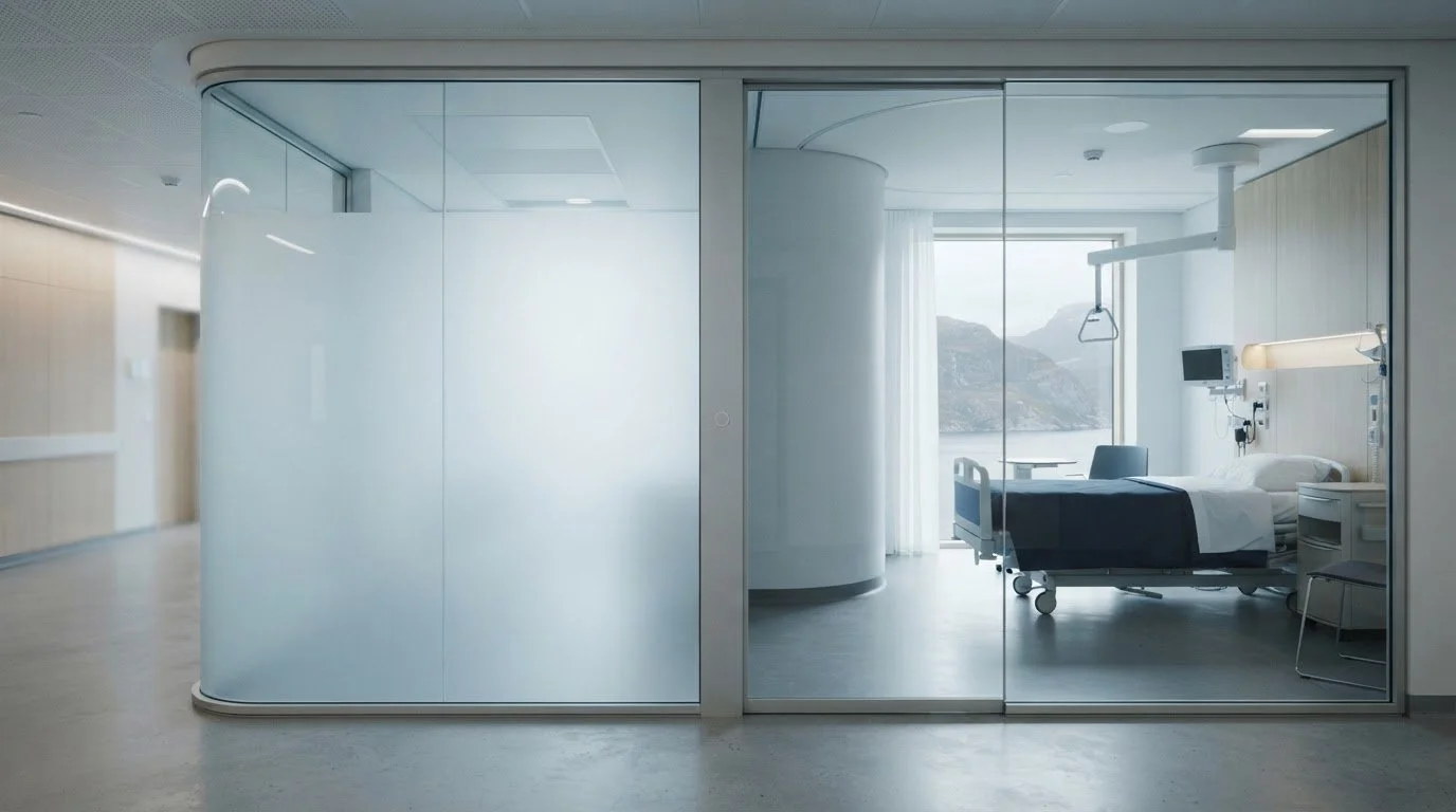 Innsynsskjerming i pasientrom: privatliv og hygieniske glassflater