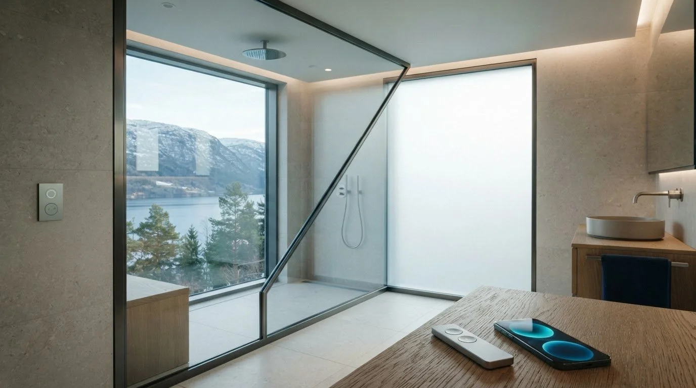 Smartglass på badet: Styring med bryter, fjernkontroll og app