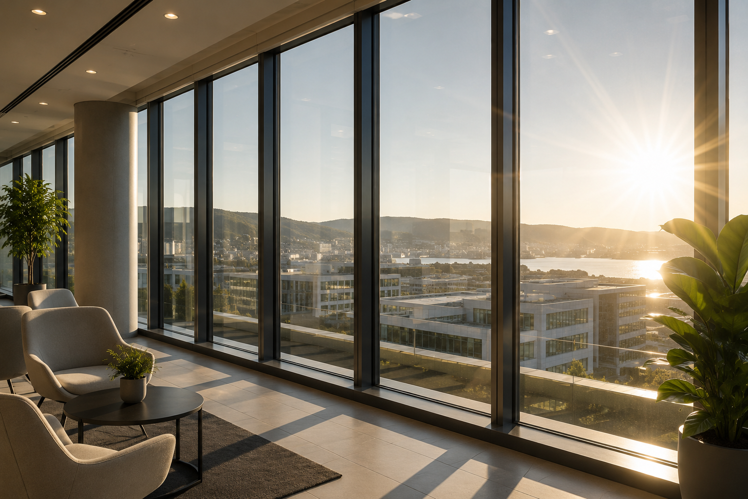 Innendørs loungeområde med store vinduer som viser en utsikt over byen, fjell og vann, med solnedgang.