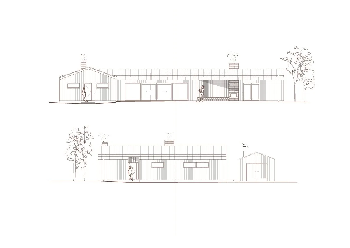 Architectural elevation drawings of a single-story house. Fasadritning på hus i Skanör Falsterbo. Bygglov.