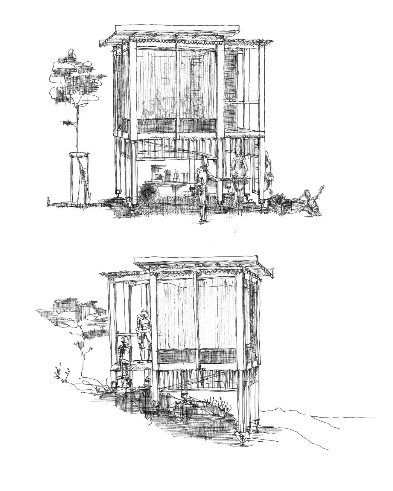 Trähus. Stockholms skärgård. Handsketch. Wooden tiny house in the archipelago of Stockholm. Hand drawing.