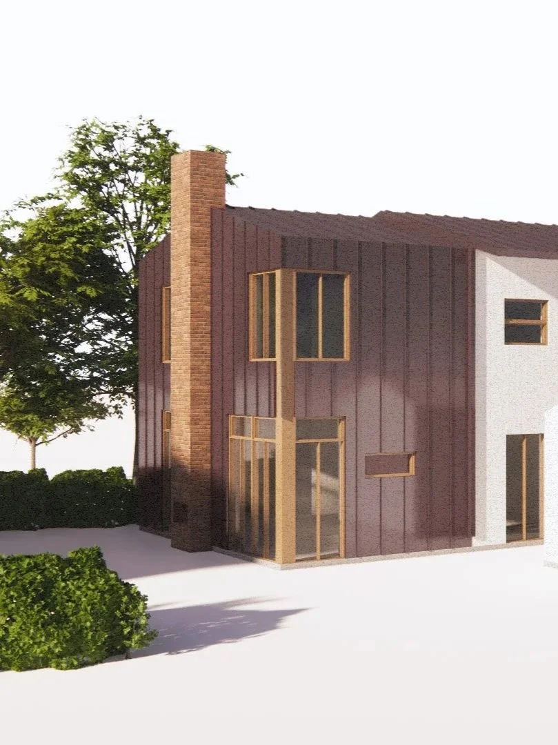 A modern two-story house with a brick chimney, large windows. Tillbyggnation i Lomma. Plåtfasad och tegelskorsten.