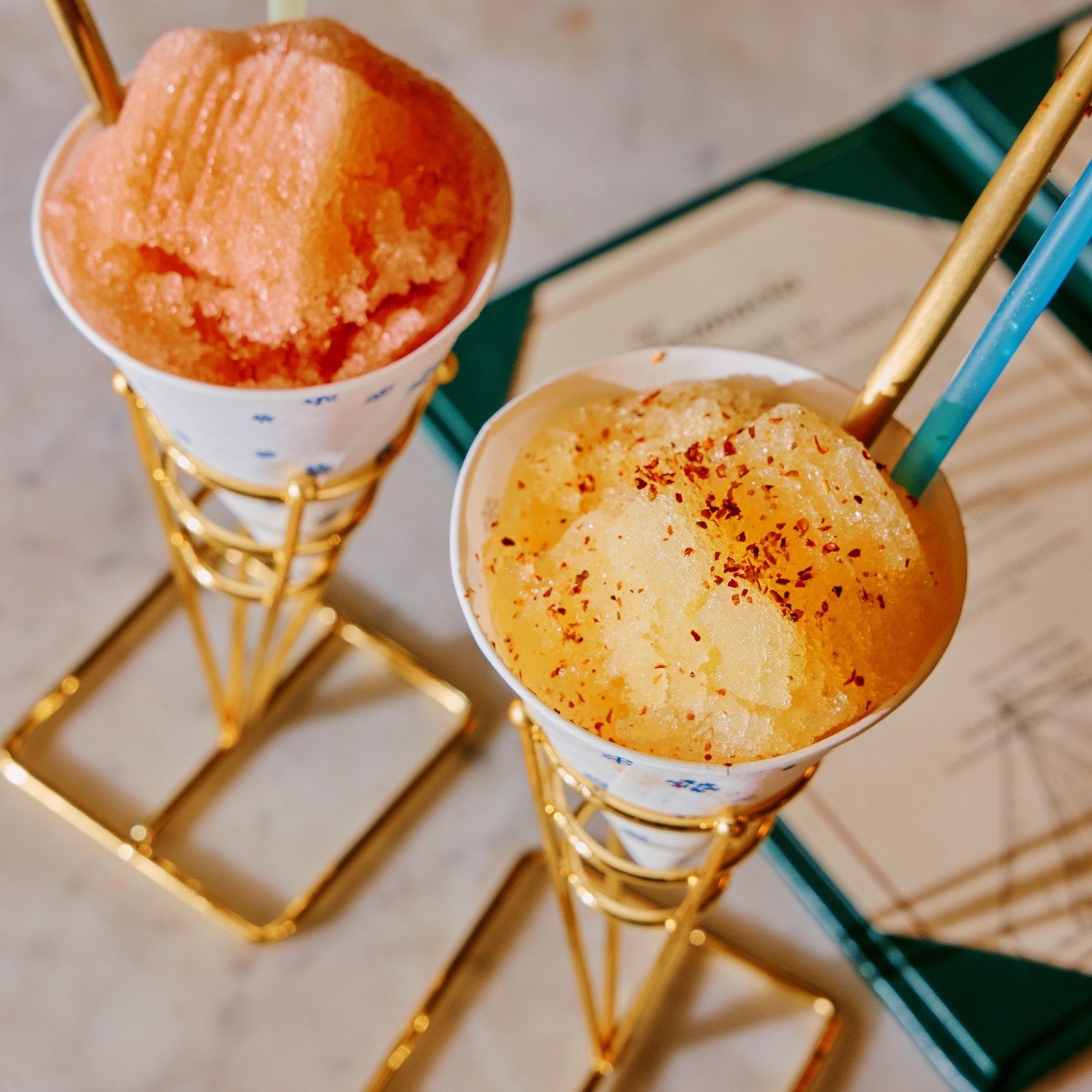 Starting our &quot;Summer Camp Classics&quot; off with some snow cones......
 @aperolusa /Kiwi/Strawberry/Lemon 
or 
Del Amigo Mezcal/Mango/Ginger/Lime/Tajin. 📸: @briansamuelsphotography