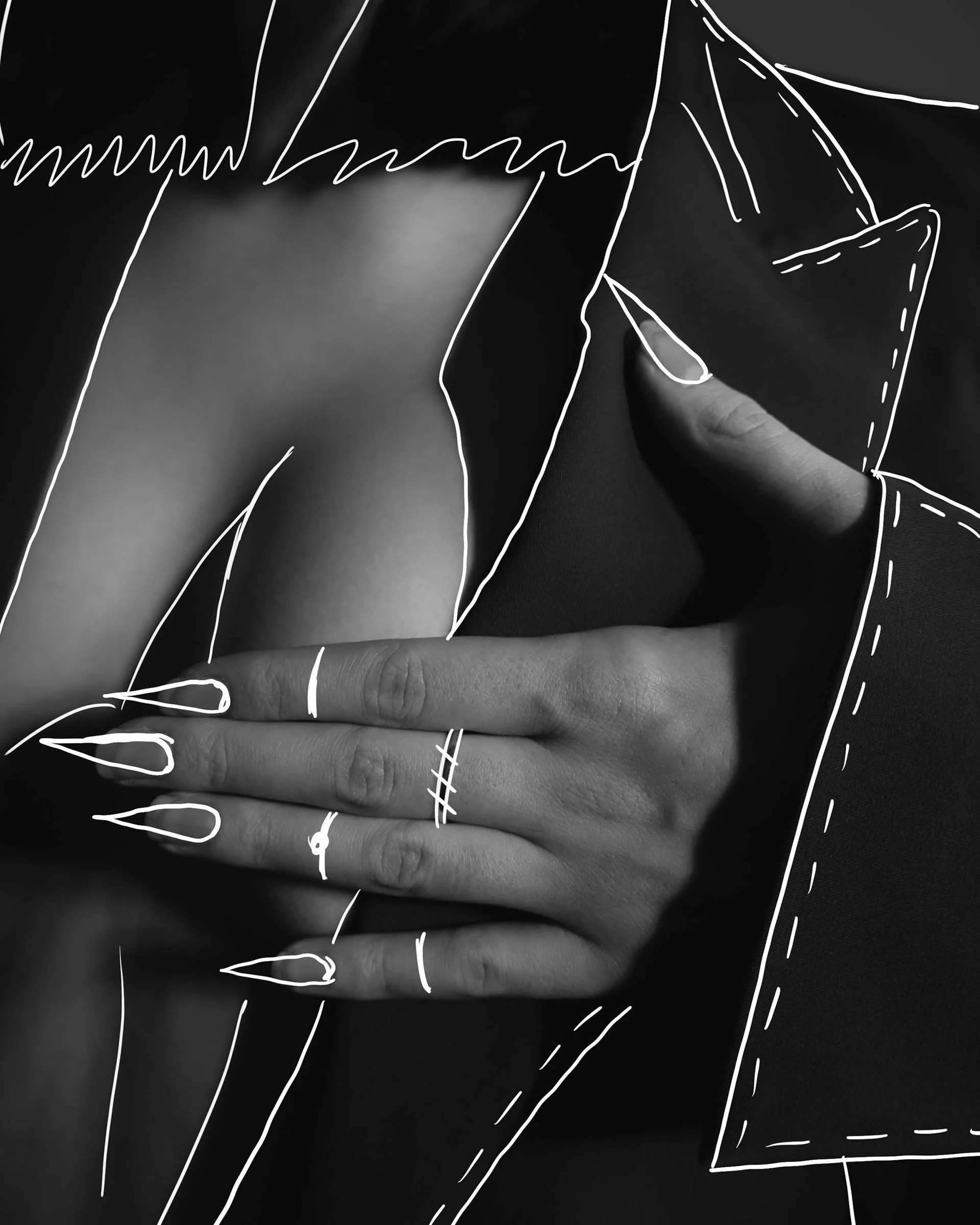 Black and white photo of a hand with rings, layered over a background with drawn outlines of a coat and accessories.