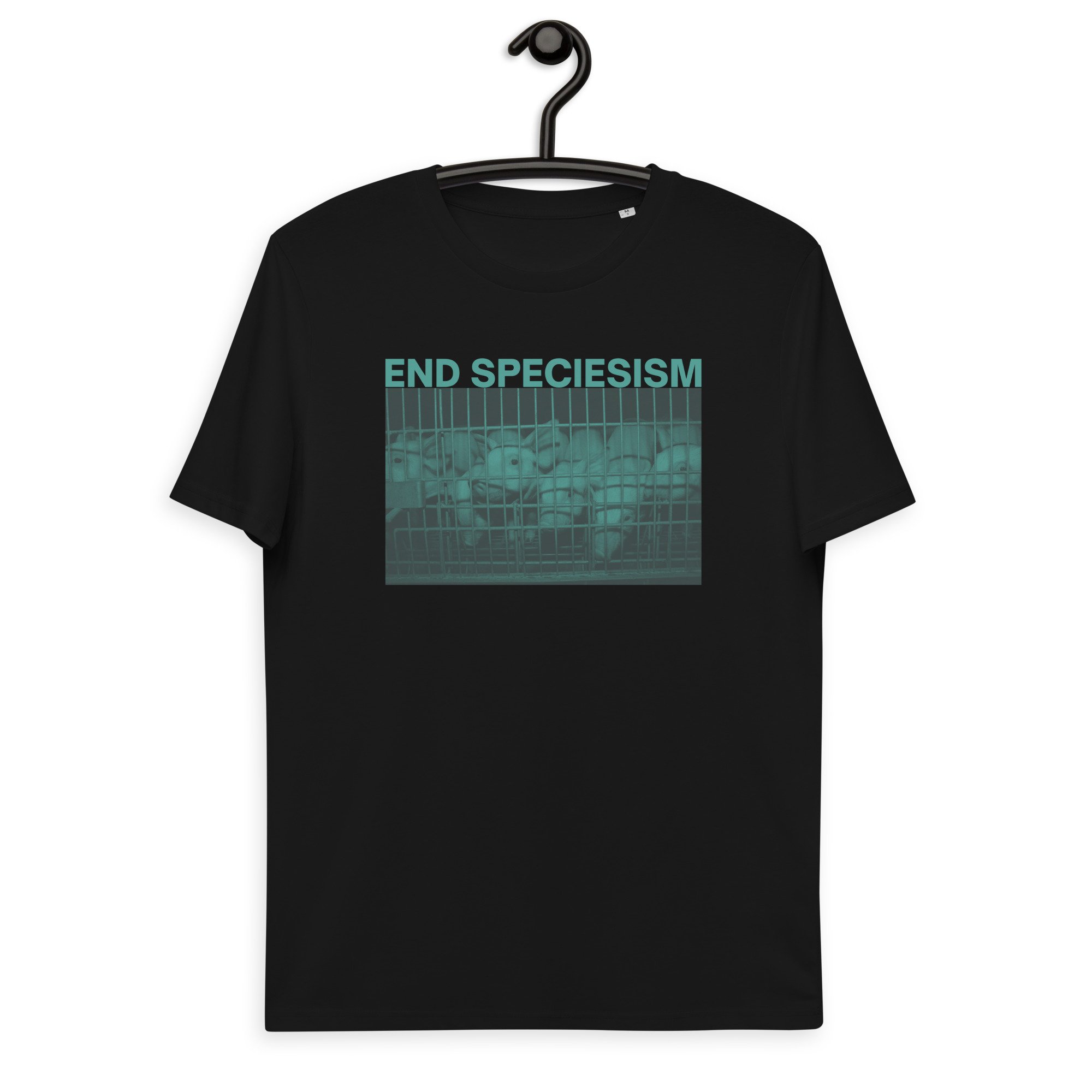 'End speciesism' eco t-shirt, with DA colours