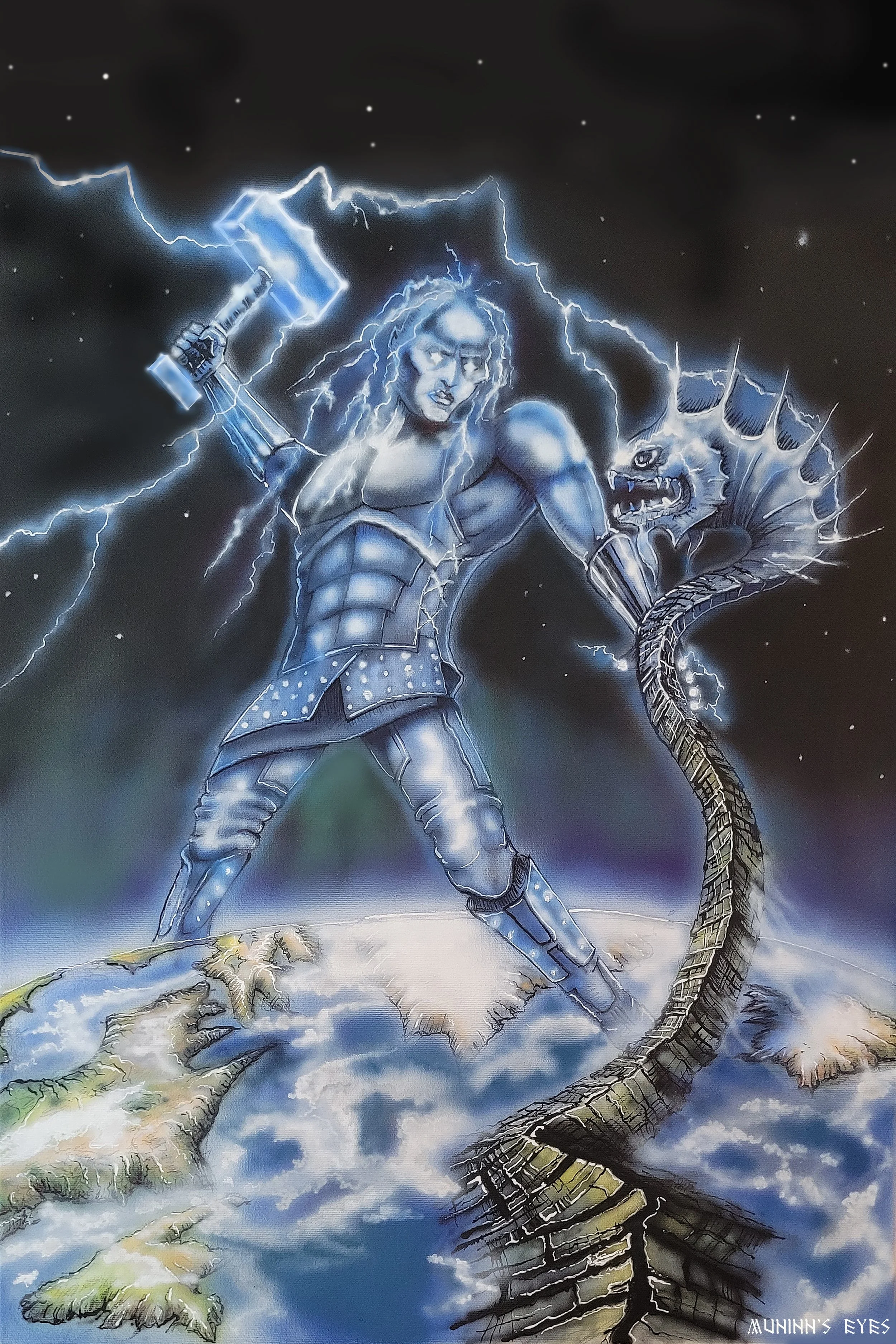 THOR BATTLES JORMUNGANDR  Thor is a god associated with thunder and lightning, storms, strength, hallowing and protector of mankind. The day of the week Thusday  is named after Thor. He fathered one daughter Thrud  (strength) and two sons Mothi (wrat