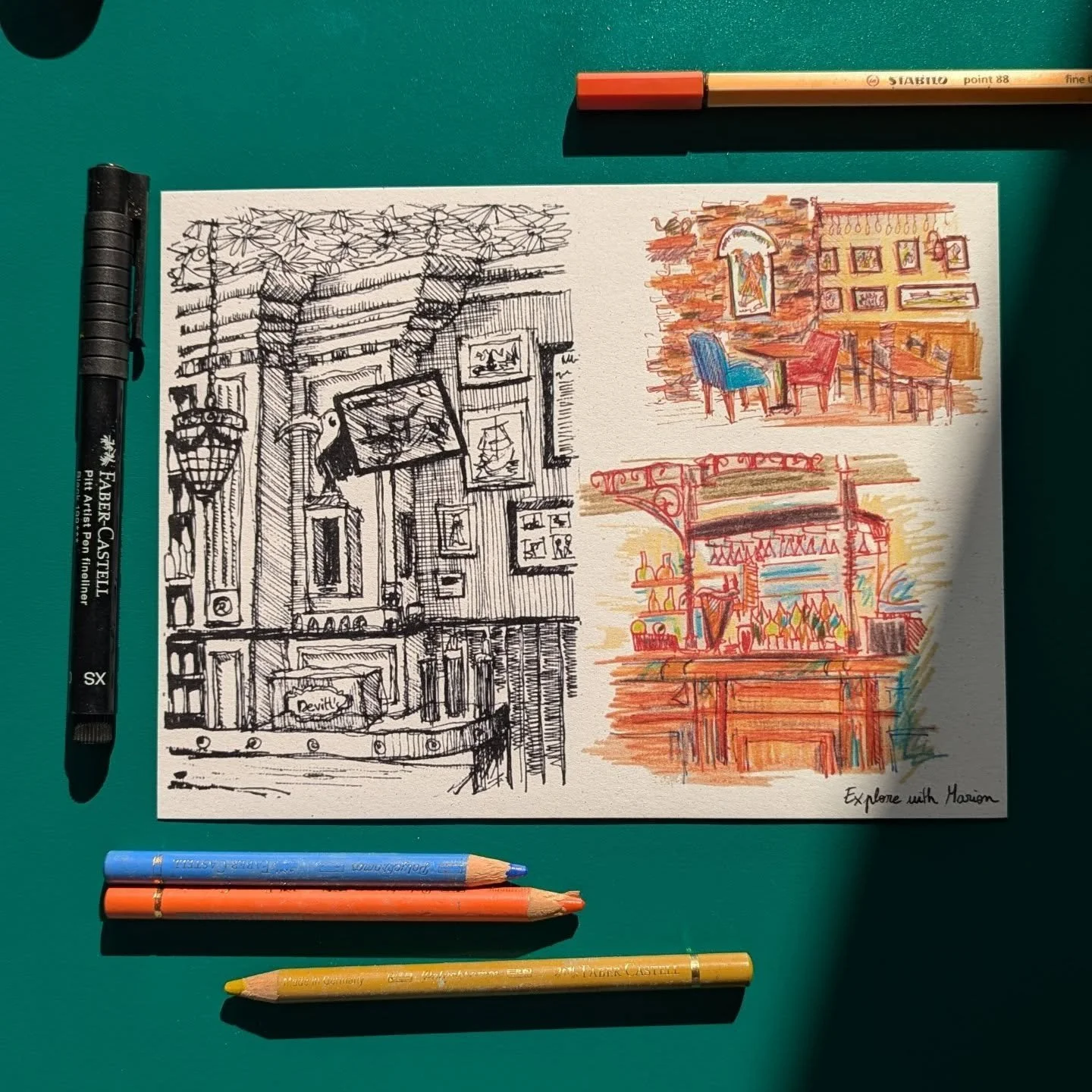A detailed scan from my sketchbook featuring charming Irish pub scenes. Hand-drawn in pen and colored pencil, this print captures the warmth of classic pub interiors.
Featuring:
- @devittspub
- @salmonleapinn
- @thehillranelagh
Available on my shop