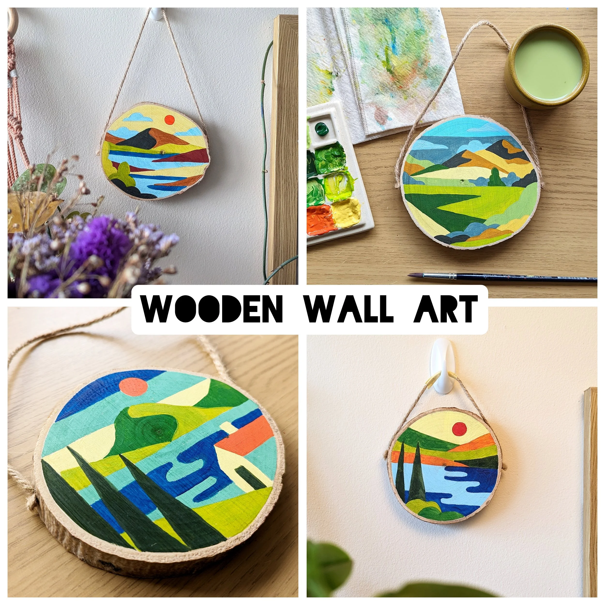 Collage of round wooden wall art pieces painted with colorful landscapes, featuring mountains, trees, water, and sun, with a paint palette and brush.