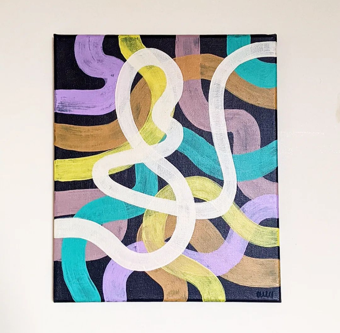 Abstract painting with interwoven colorful curves in white, yellow, purple, teal, and brown.