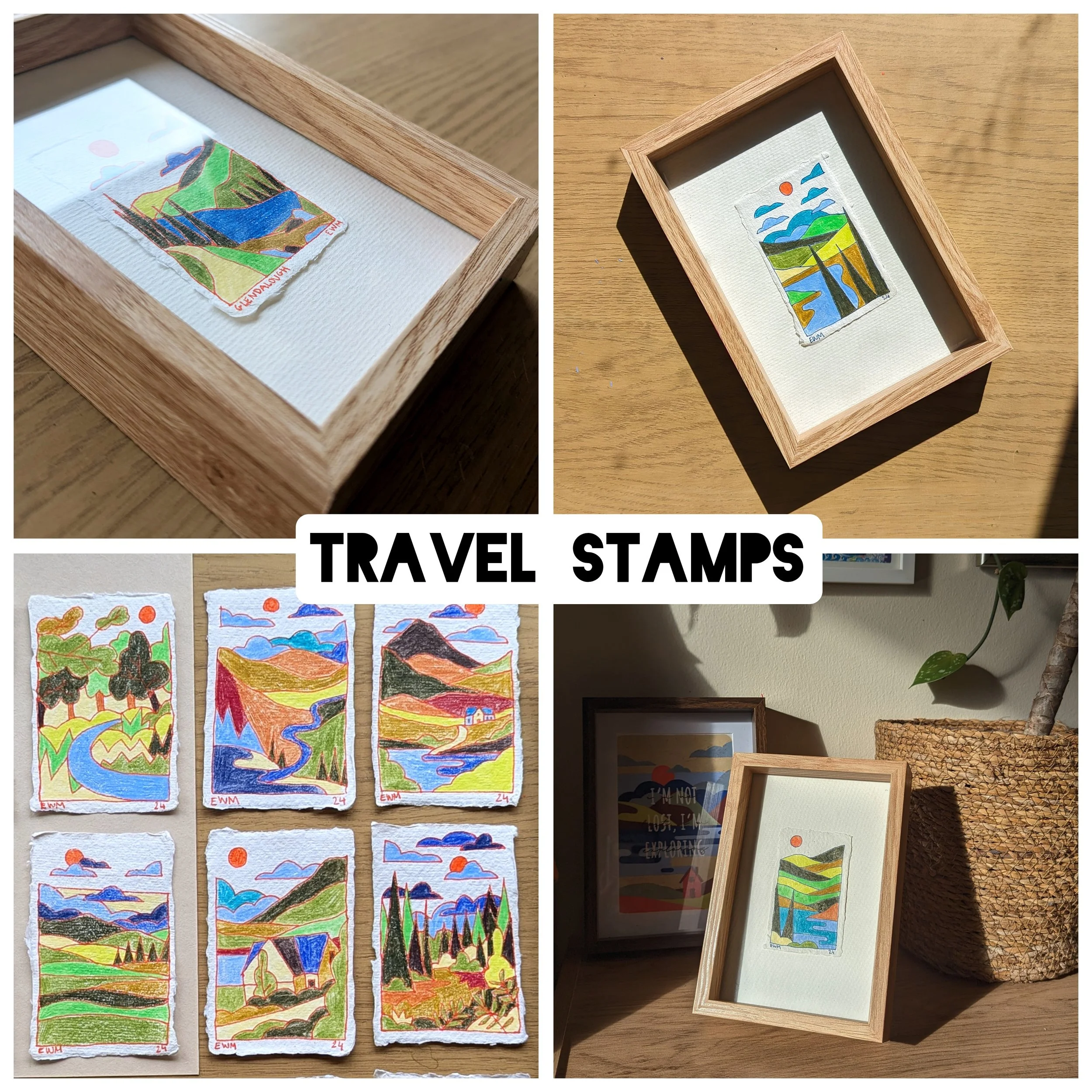 Collage of framed travel-themed stamps with colorful landscapes. Includes individual stamps with various scenic designs, displayed in wooden frames. Background shows the text 'Travel Stamps.'